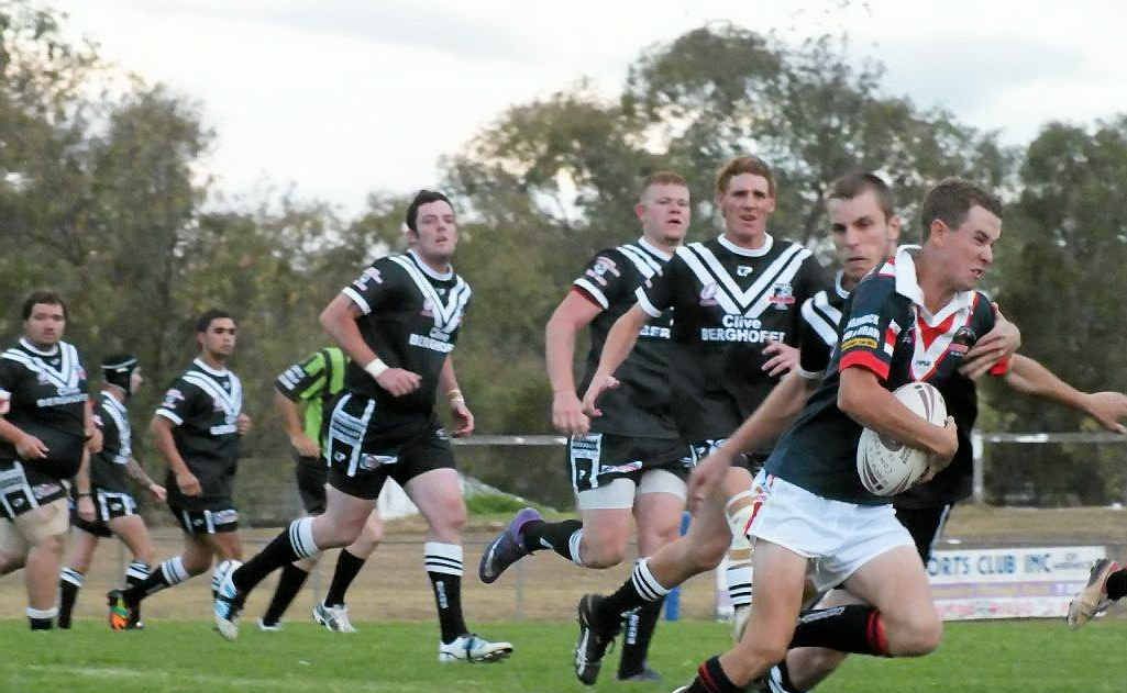 Donald Miller attacks for the Warwick Cowboys in a reserve-grade victory against Oakey. Donald Miller attacks for the Warwick Cowboys in a reserve-grade victory against Oakey.